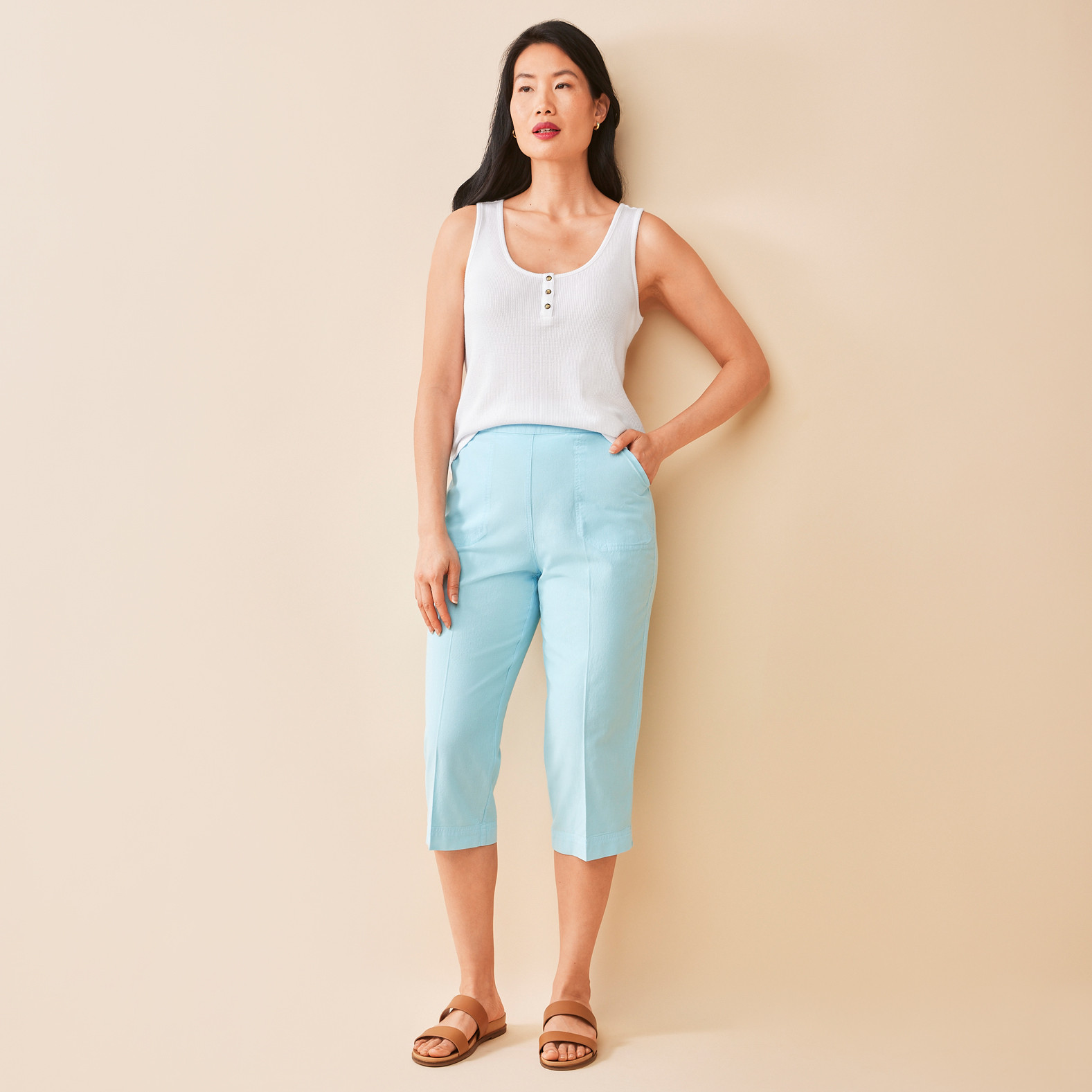 Garment Dye Capri Pant Full Body Soft Aqua