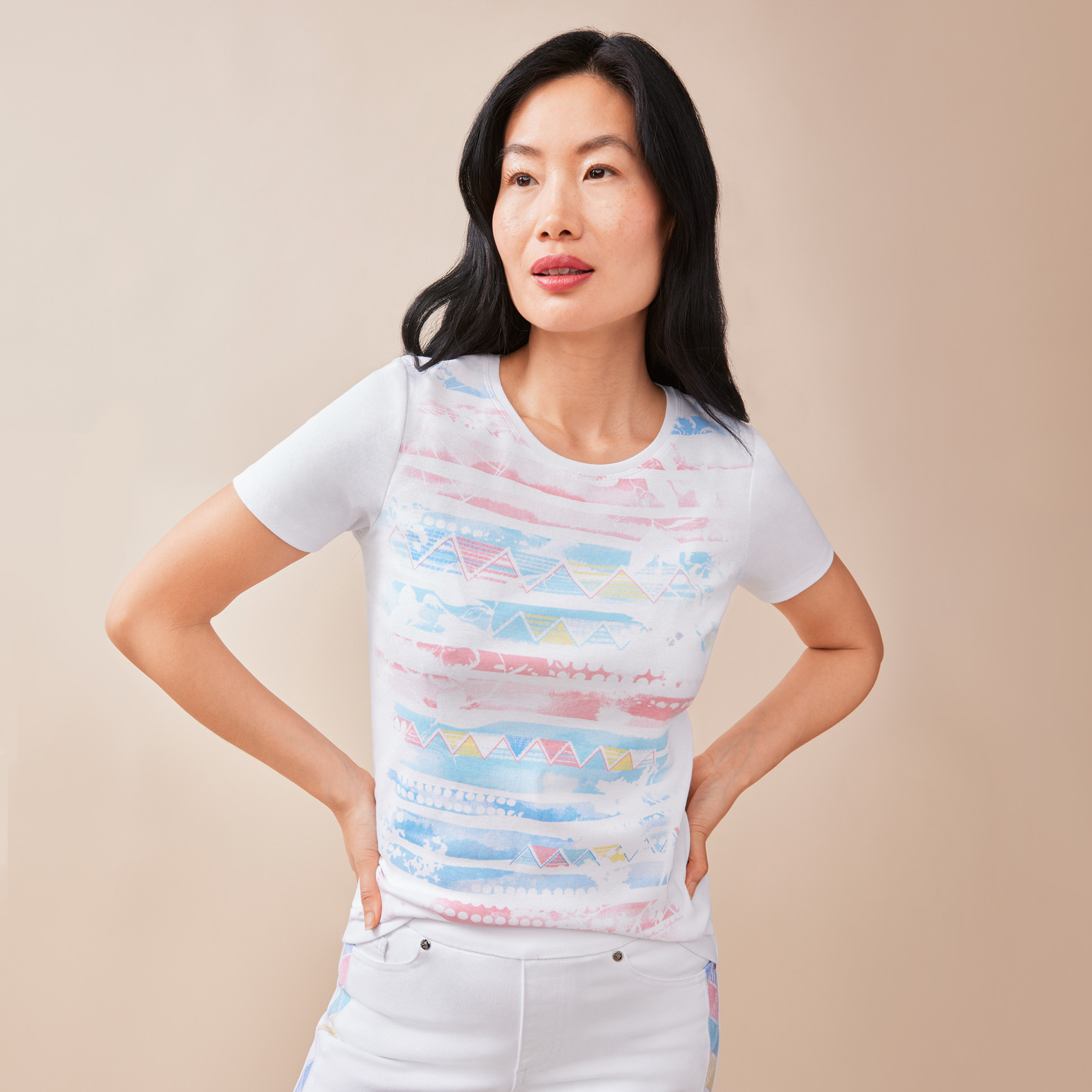 Rainbow Abstract Print Crewneck Tee Half Body