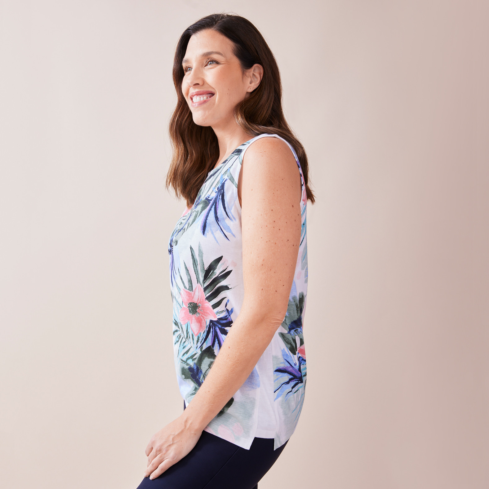 Tropical Print Tank Top Side View Half Body