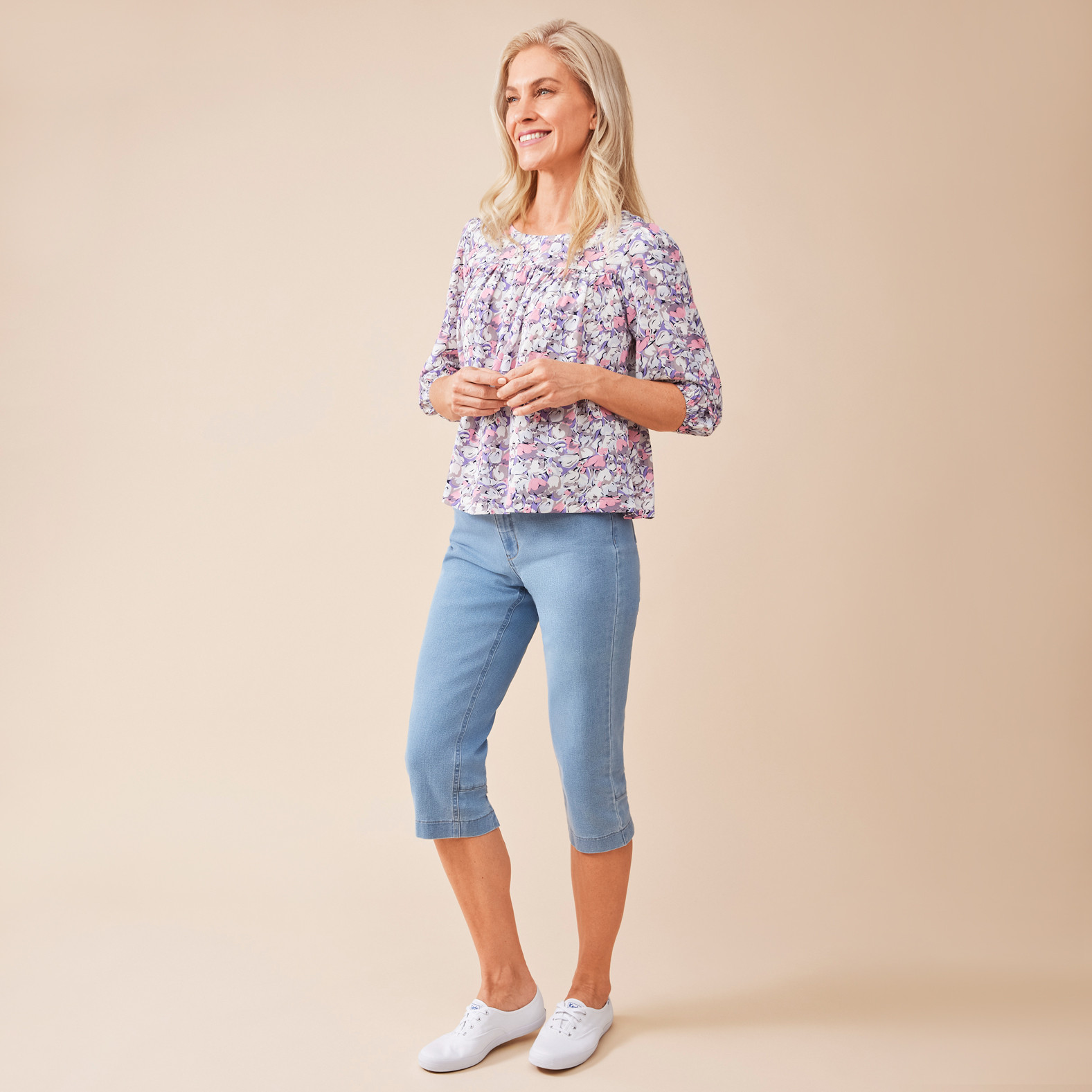 3/4 Sleeve Pastel Printed Blouse Full Body Front View