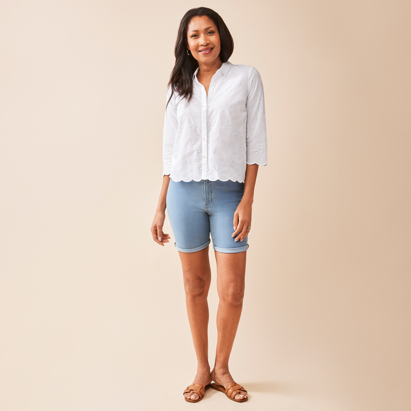 White Eyelet Shirt Full Body Front View