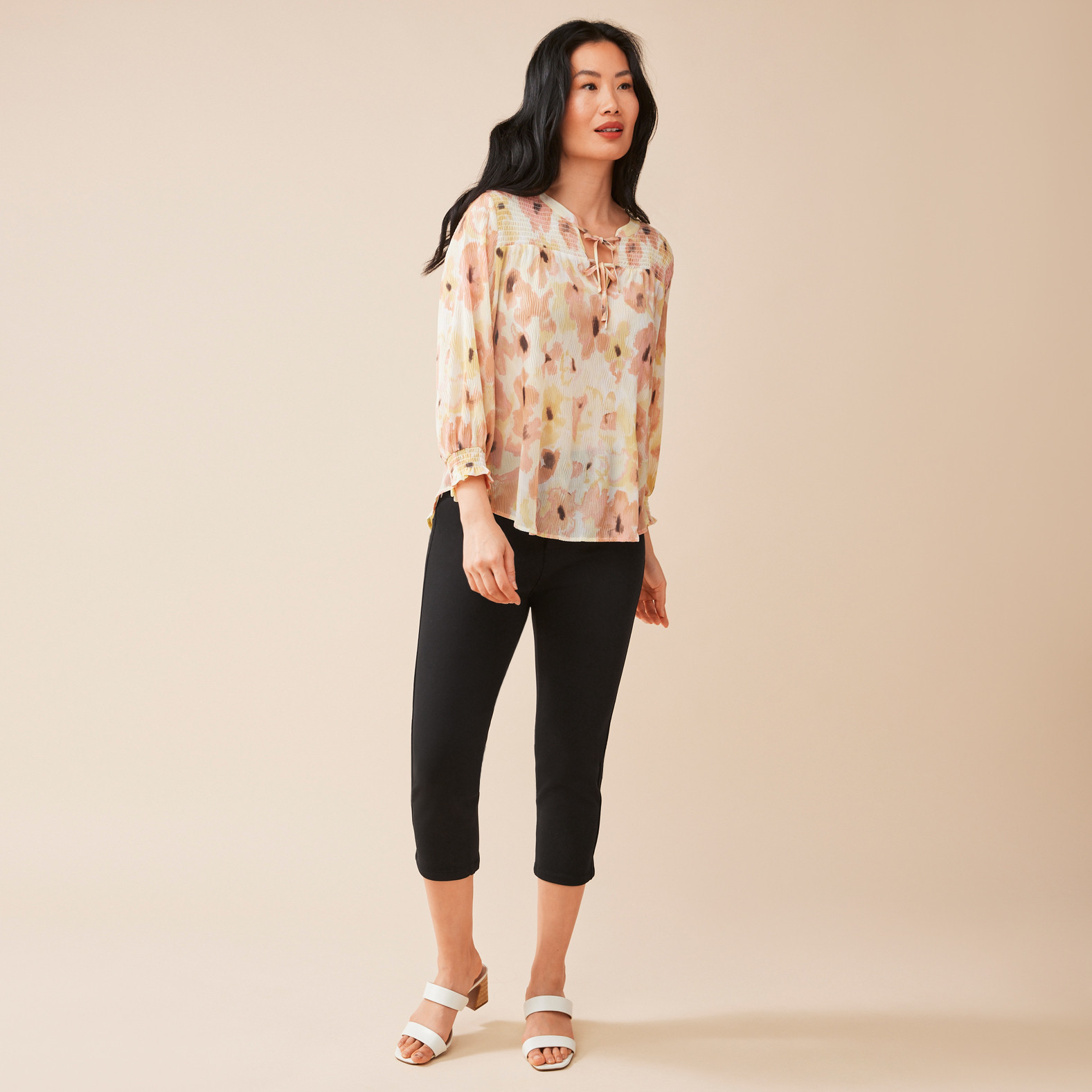 3/4 Sleeve Watercolour Tie Blouse Full Body Front View
