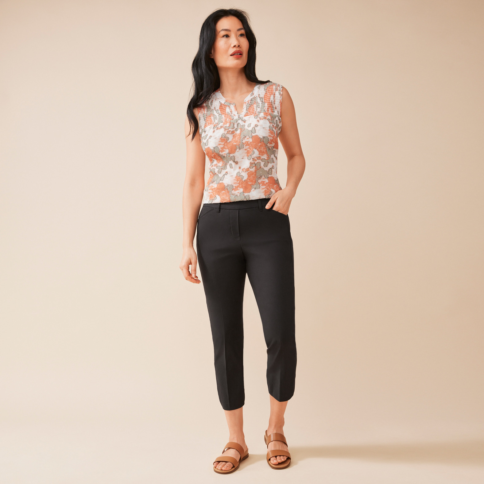 Cotton Comfort Long Crop Pants Full Body Front View - Black