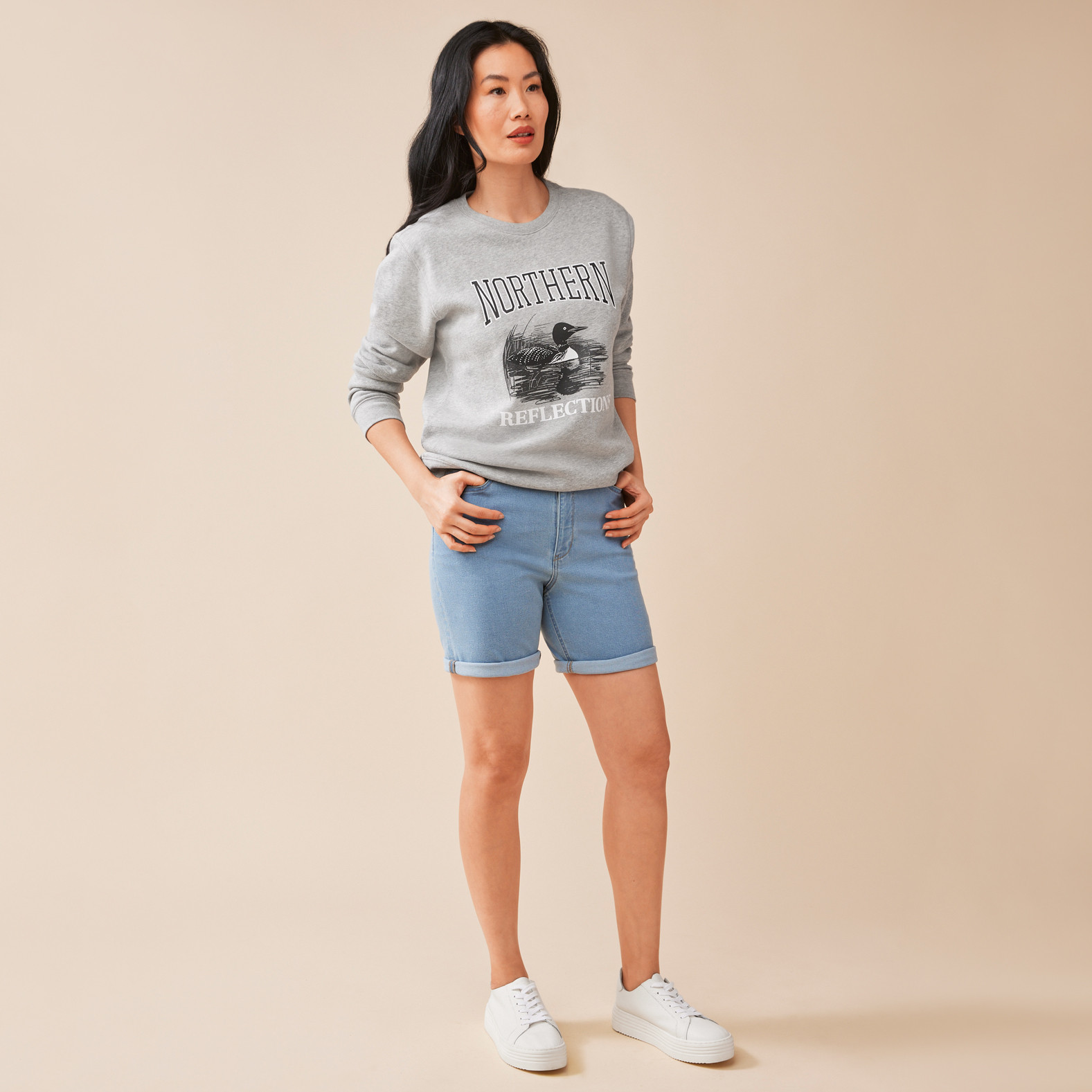 Essential Slim Denim Shorts Full Body Front View Rolled