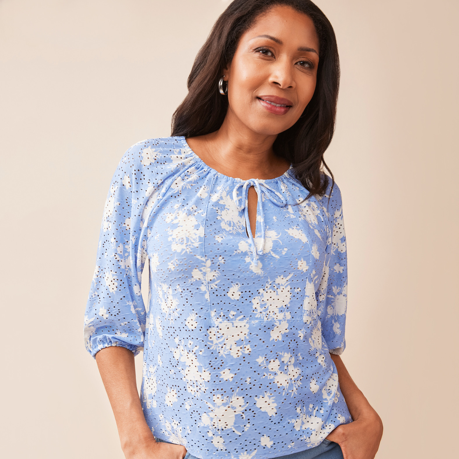 3/4 Sleeve Eyelet Top