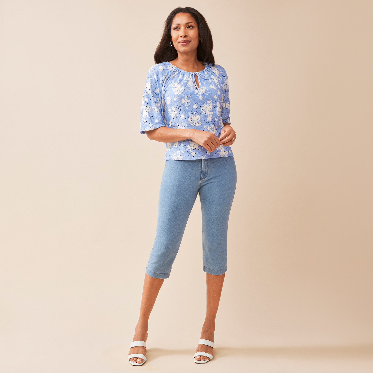 3/4 Sleeve Eyelet Top Full Body Front View