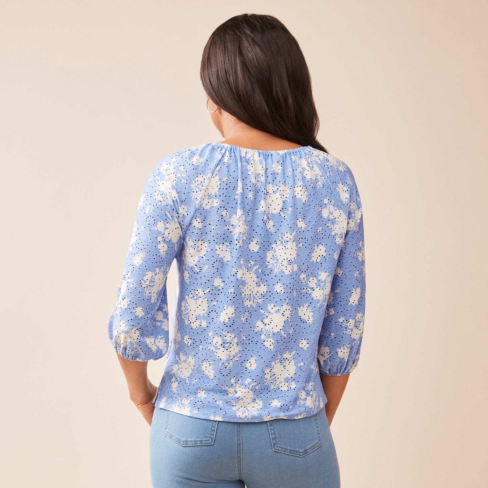 3/4 Sleeve Eyelet Top Half Body Back View