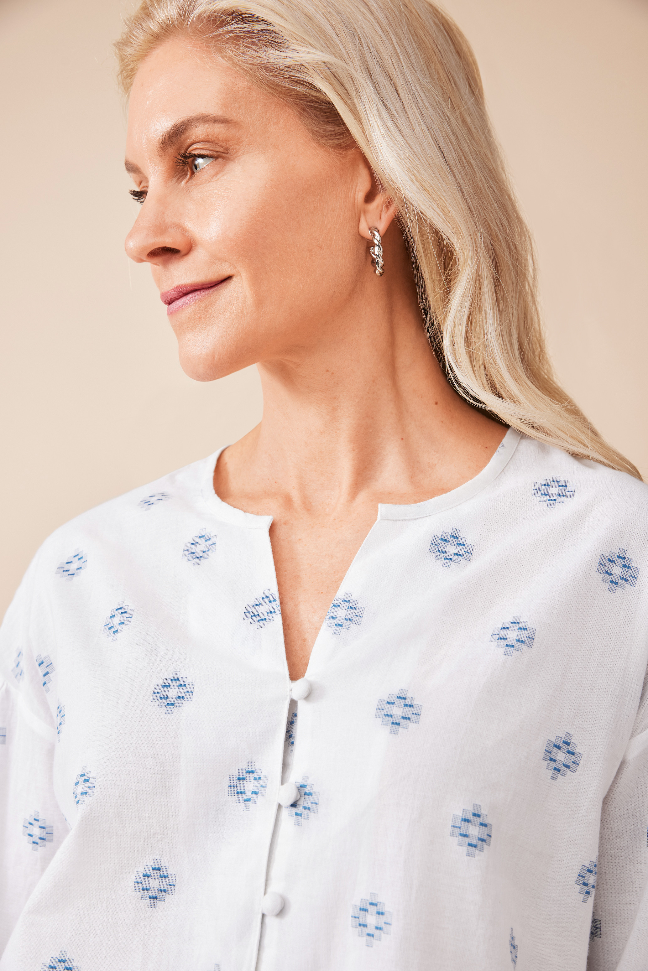 Long Sleeve Embroidered Shirt Close Up of Y-Neck