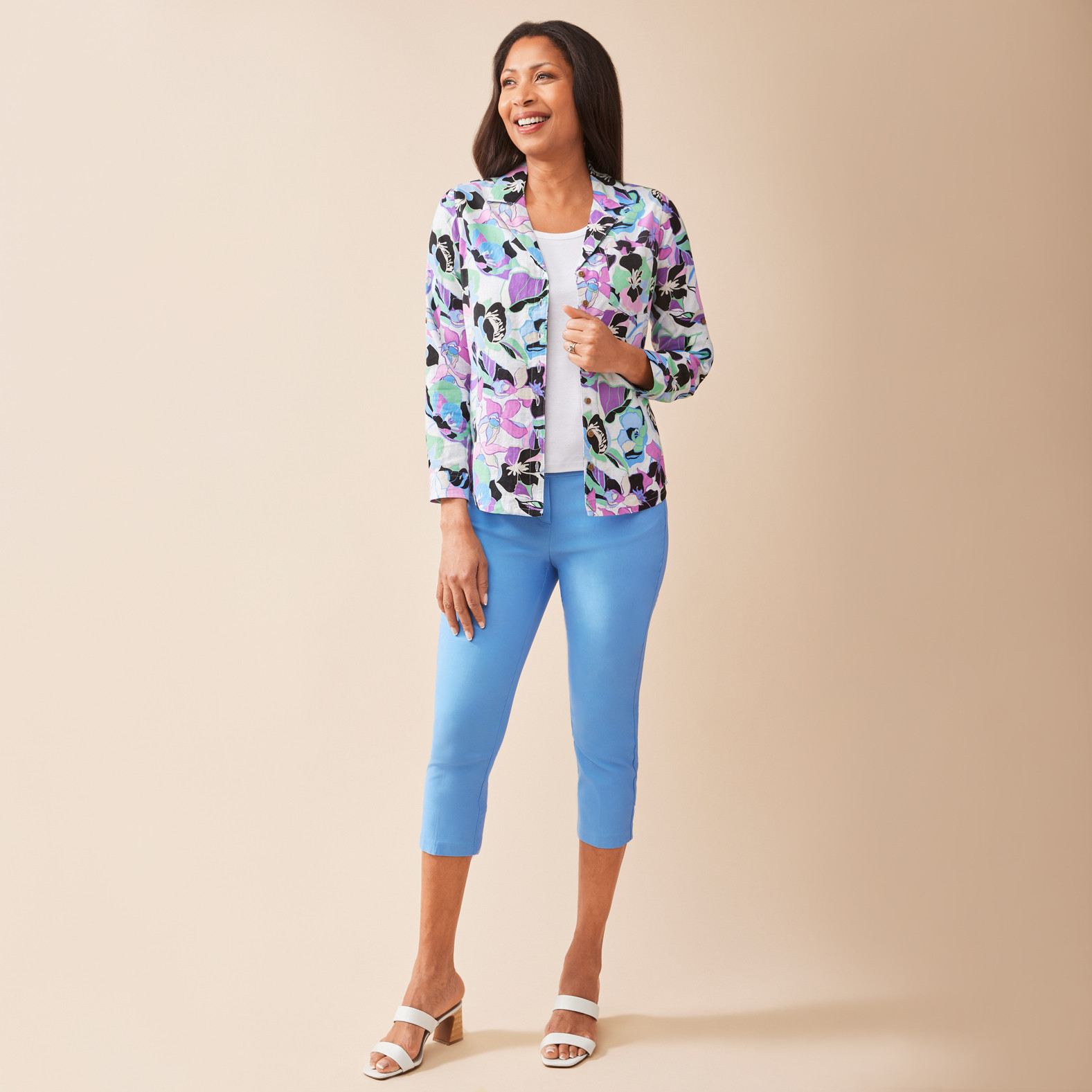 Petite - Long Sleeve Linen Shirt Full Body Front View