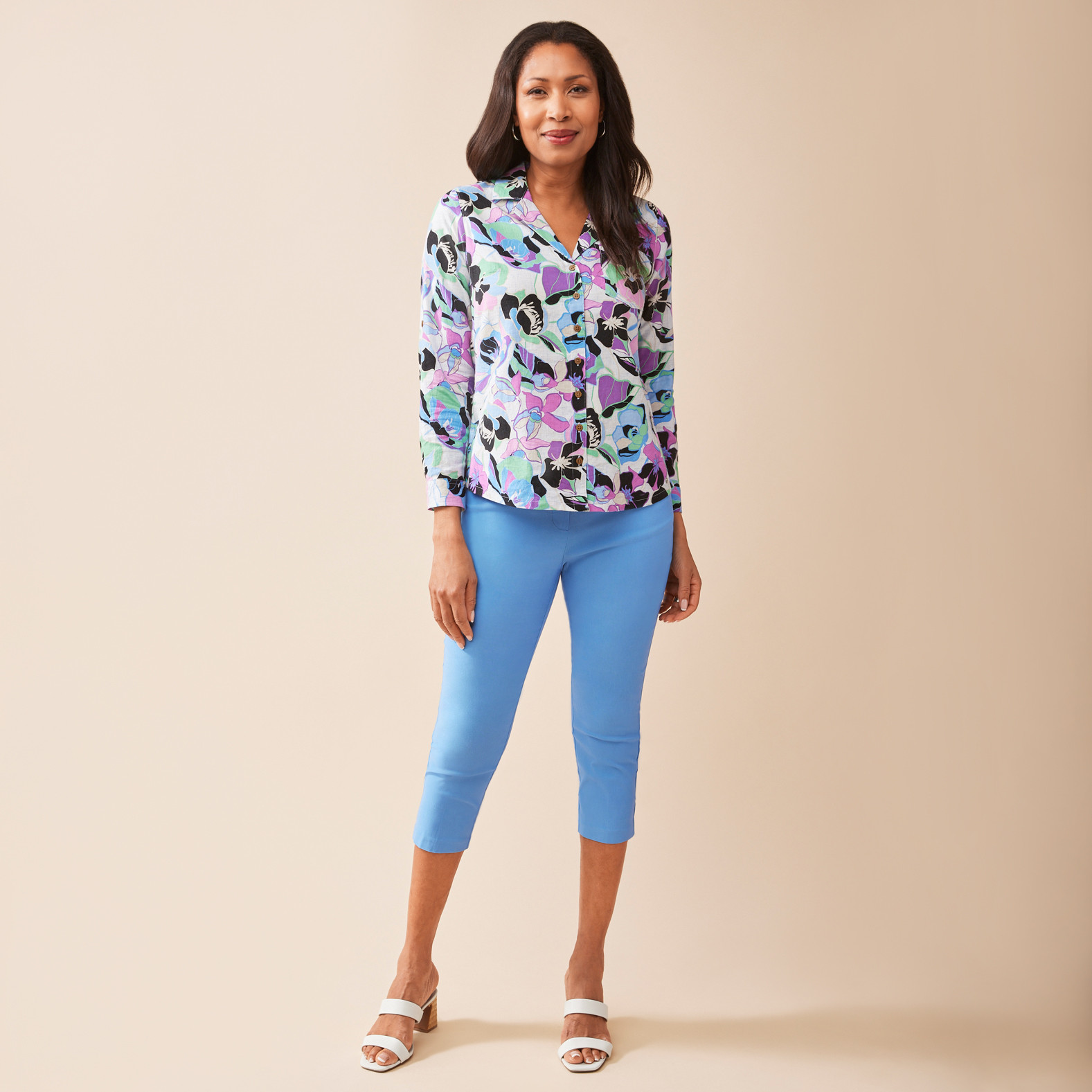 Petite - Long Sleeve Linen Shirt Full Body Front View