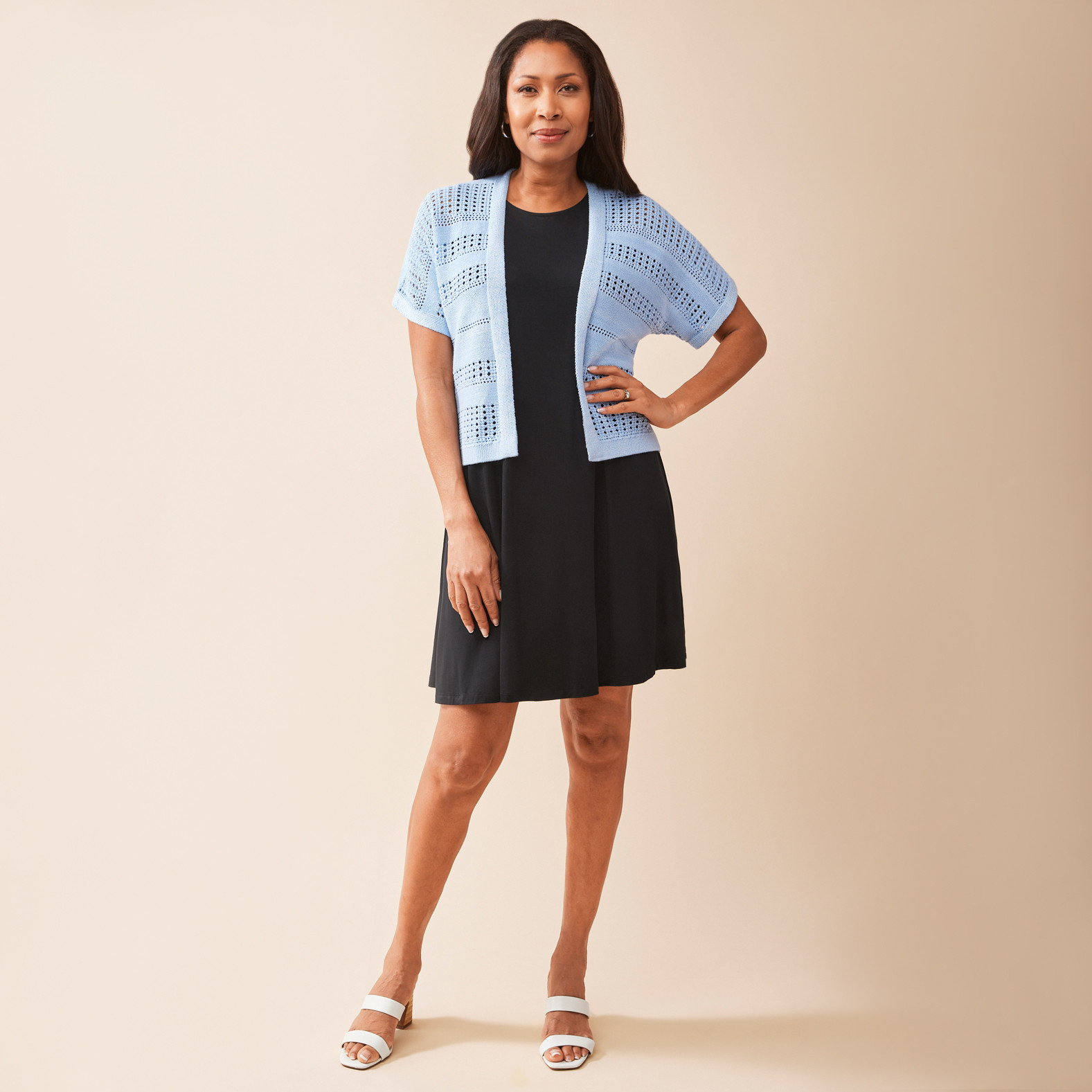 Pointelle Crop Cardigan Full Body Front View