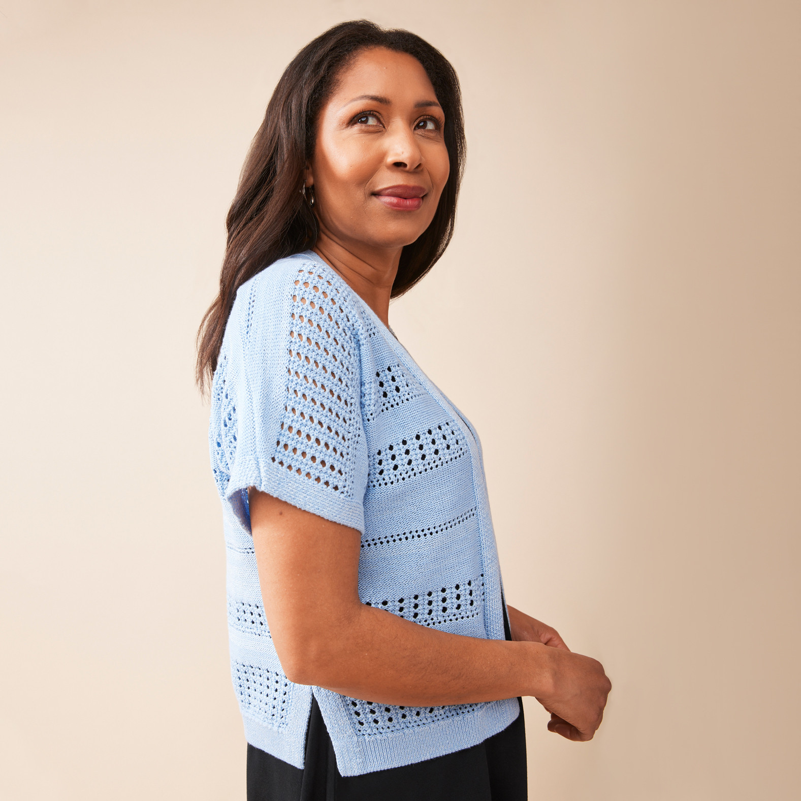Pointelle Crop Cardigan Half Body Side View
