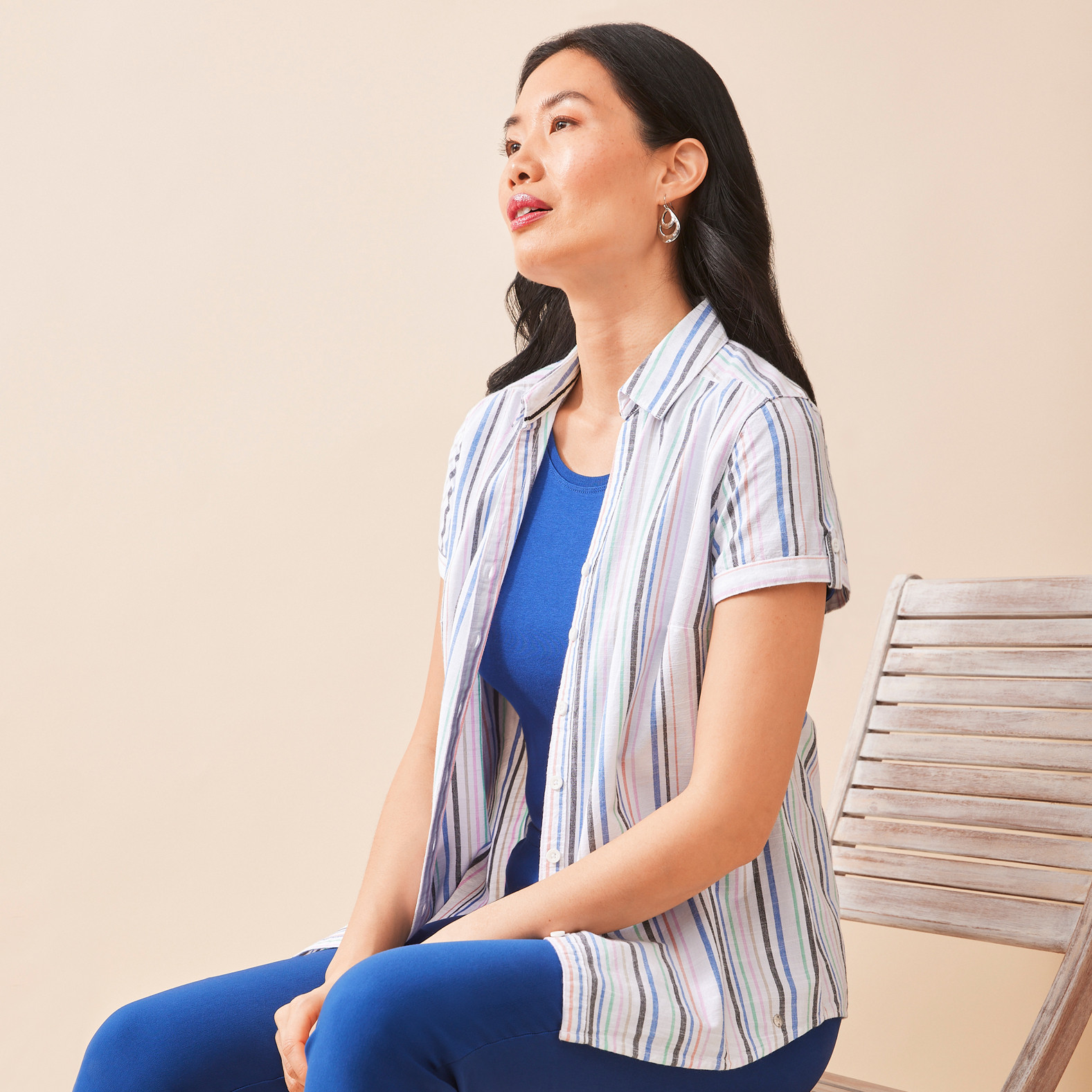 Short Sleeve Roll Tab Striped Shirt - open shirt