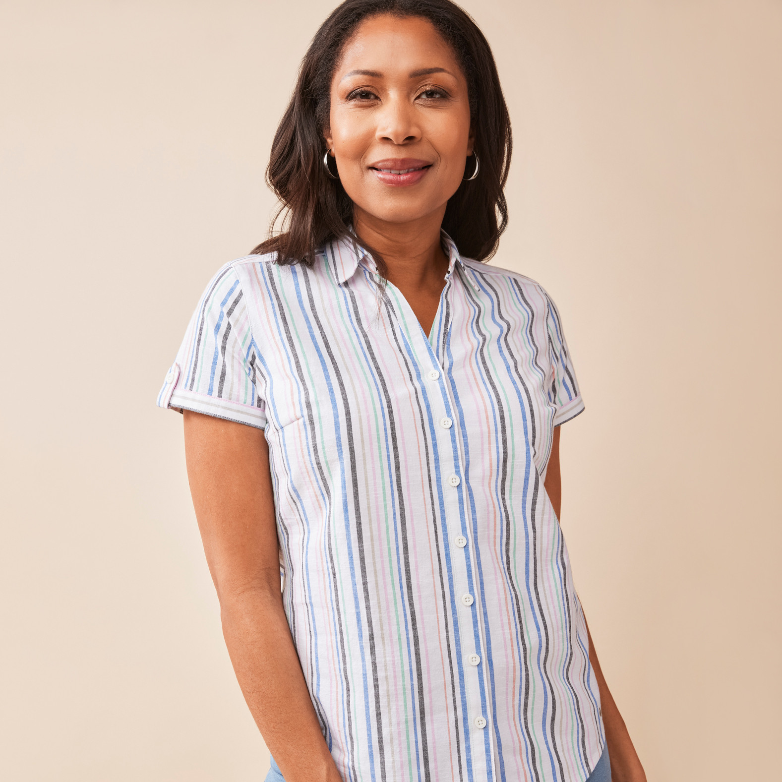 Short Sleeve Roll Tab Striped Shirt