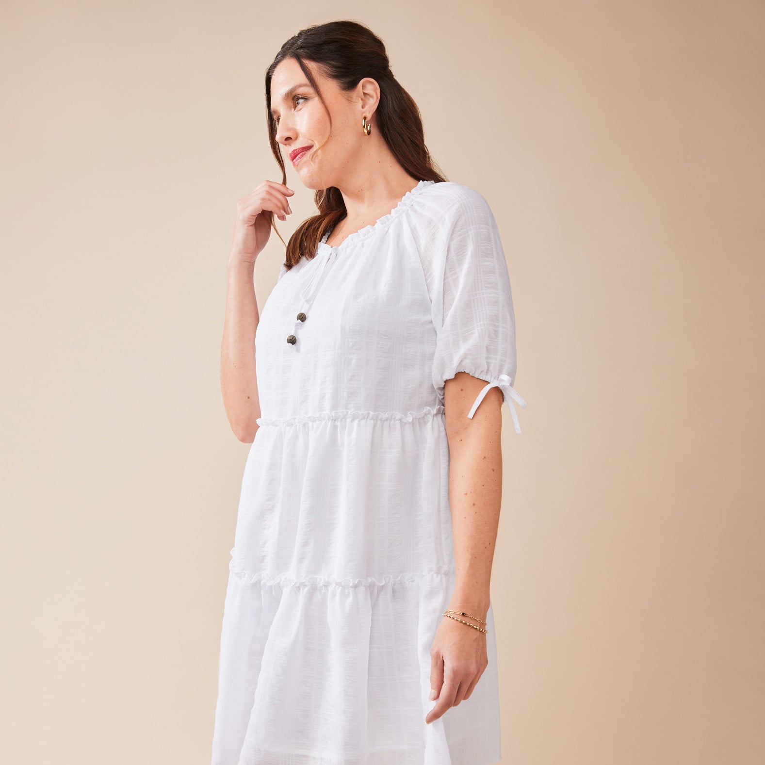 Short Sleeve Tie Dress Half Body Front View
