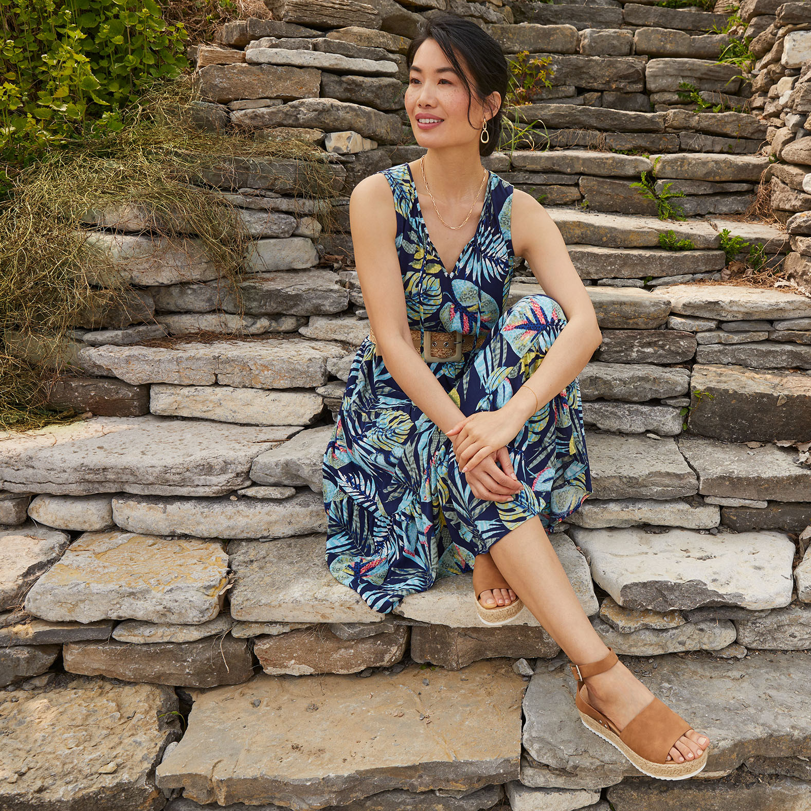 Sleeveless Tropical Leaf Dress