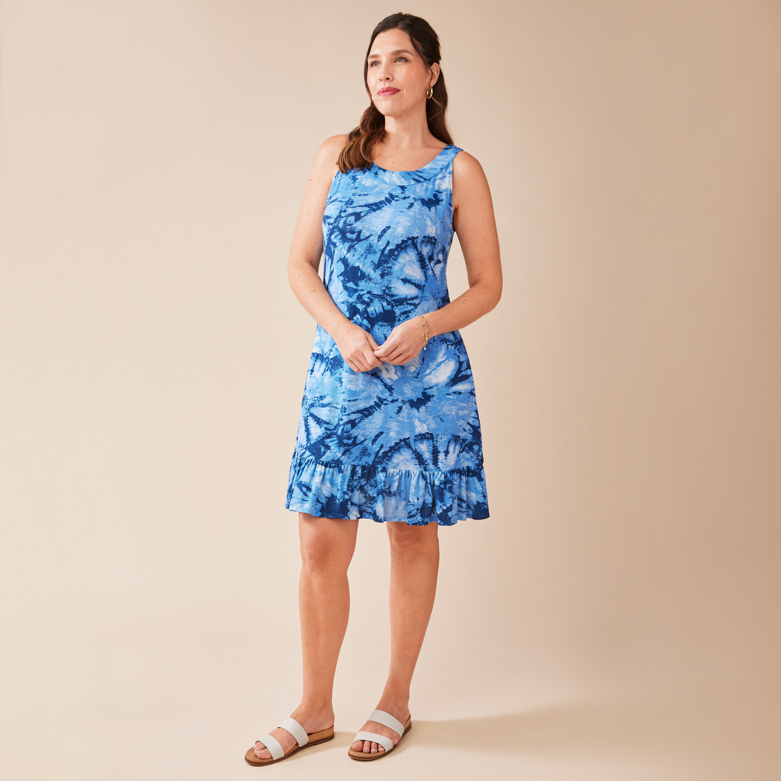 Sleeveless Tie-Dye Ruffled Dress Full Body Front View