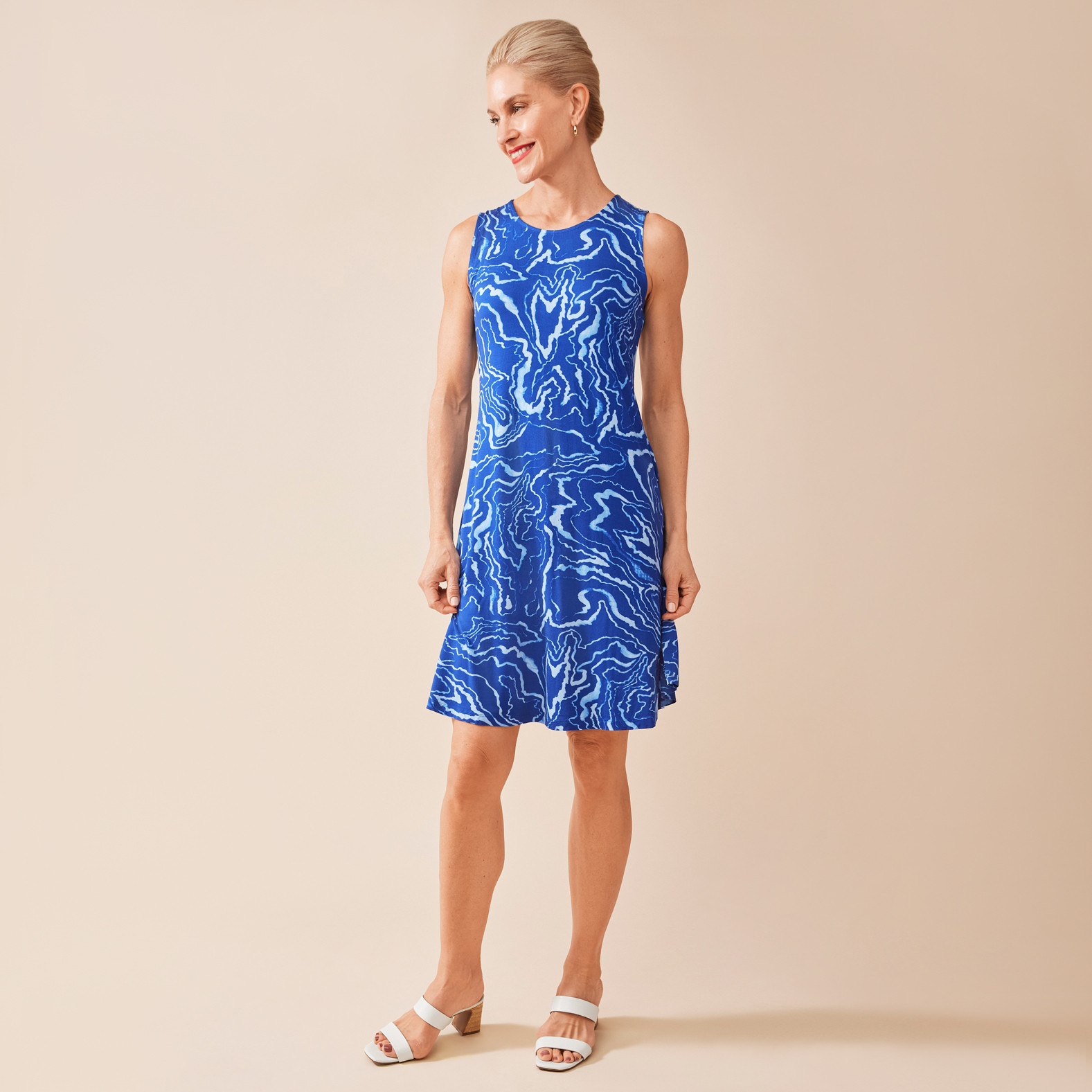 Sleeveless Marble Print Swing Dress Full Body Front View