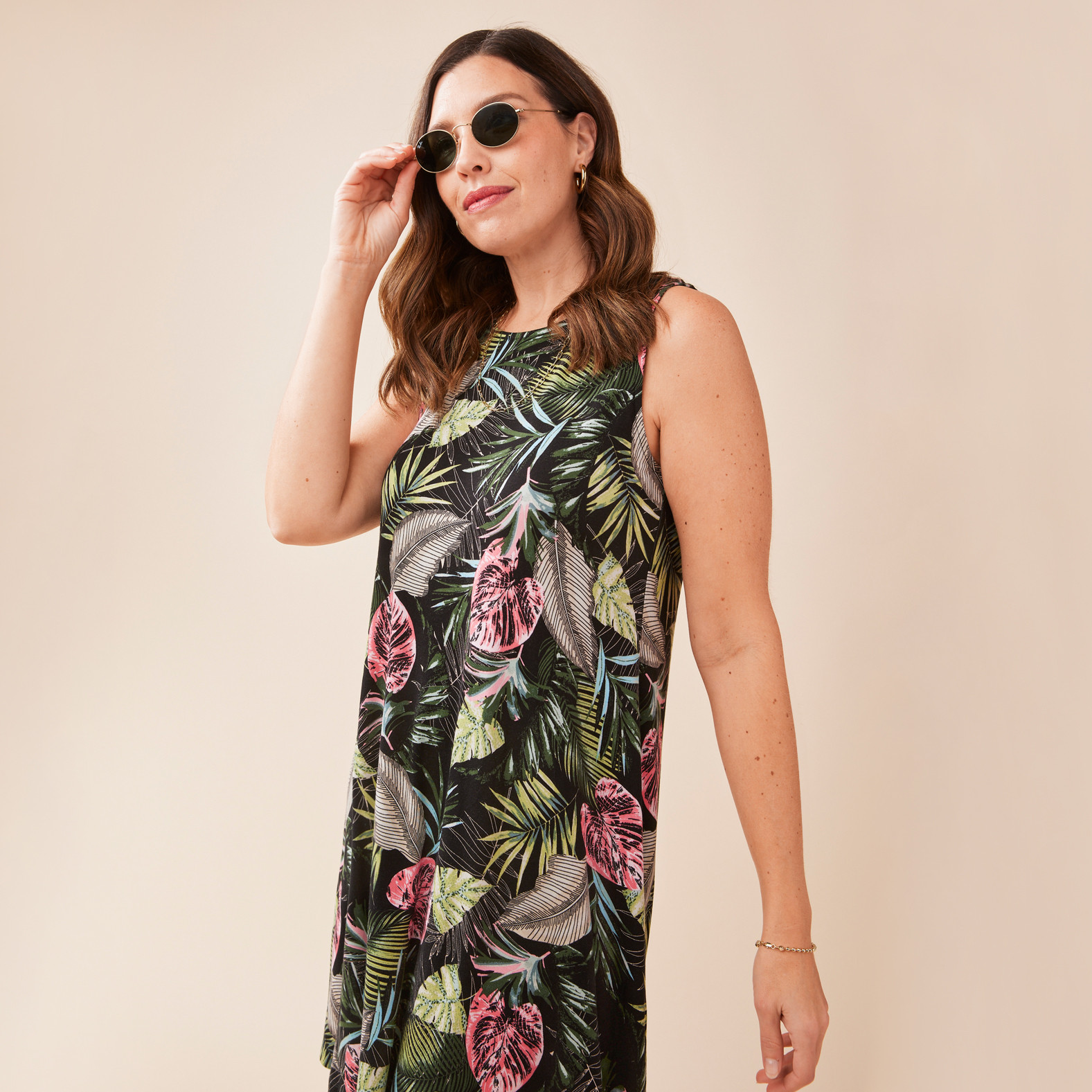 Tropical Sleeveless Swing Dress Half Body Front View