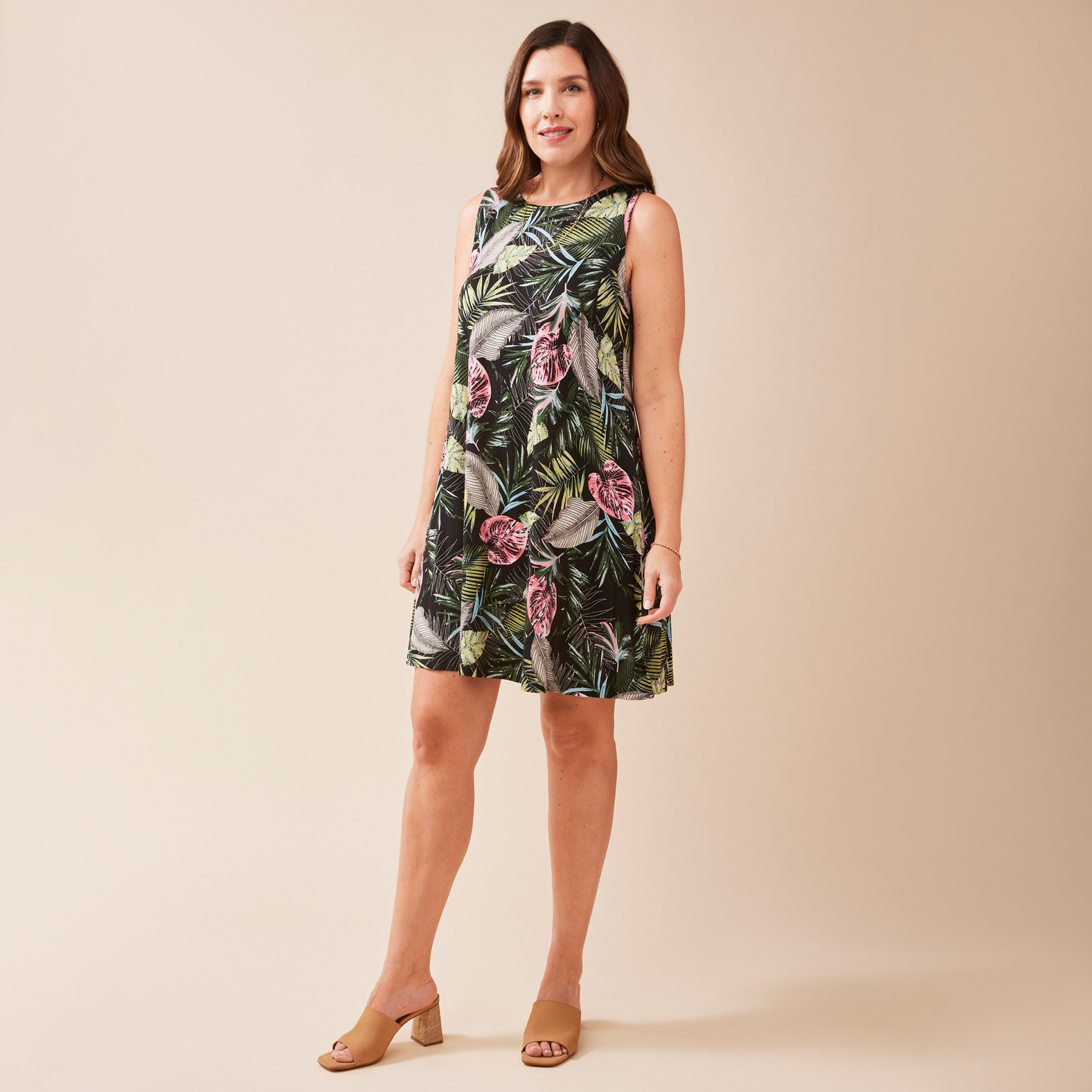 Tropical Sleeveless Swing Dress Full Body Front View