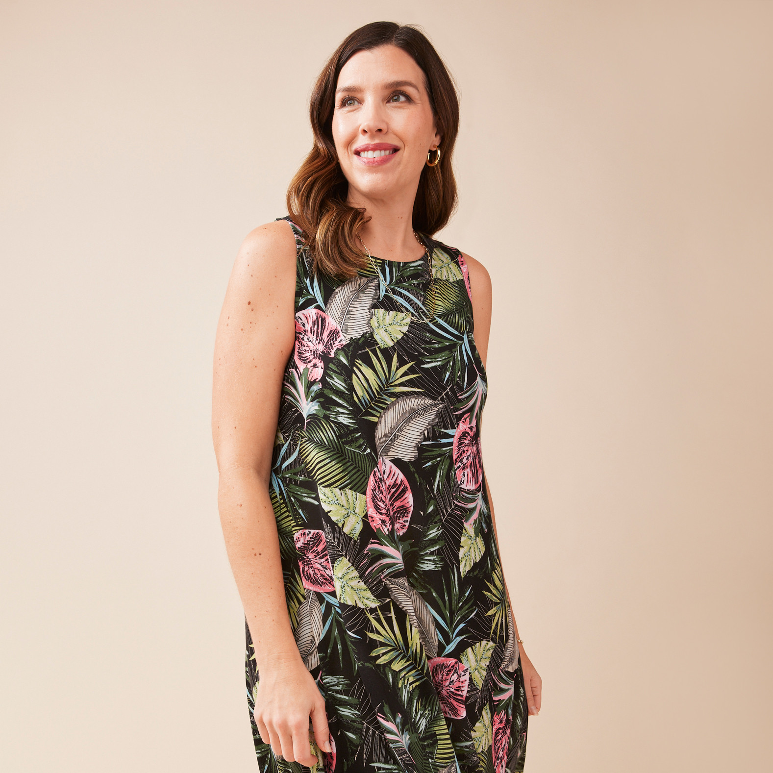 Tropical Sleeveless Swing Dress Half Body Front View