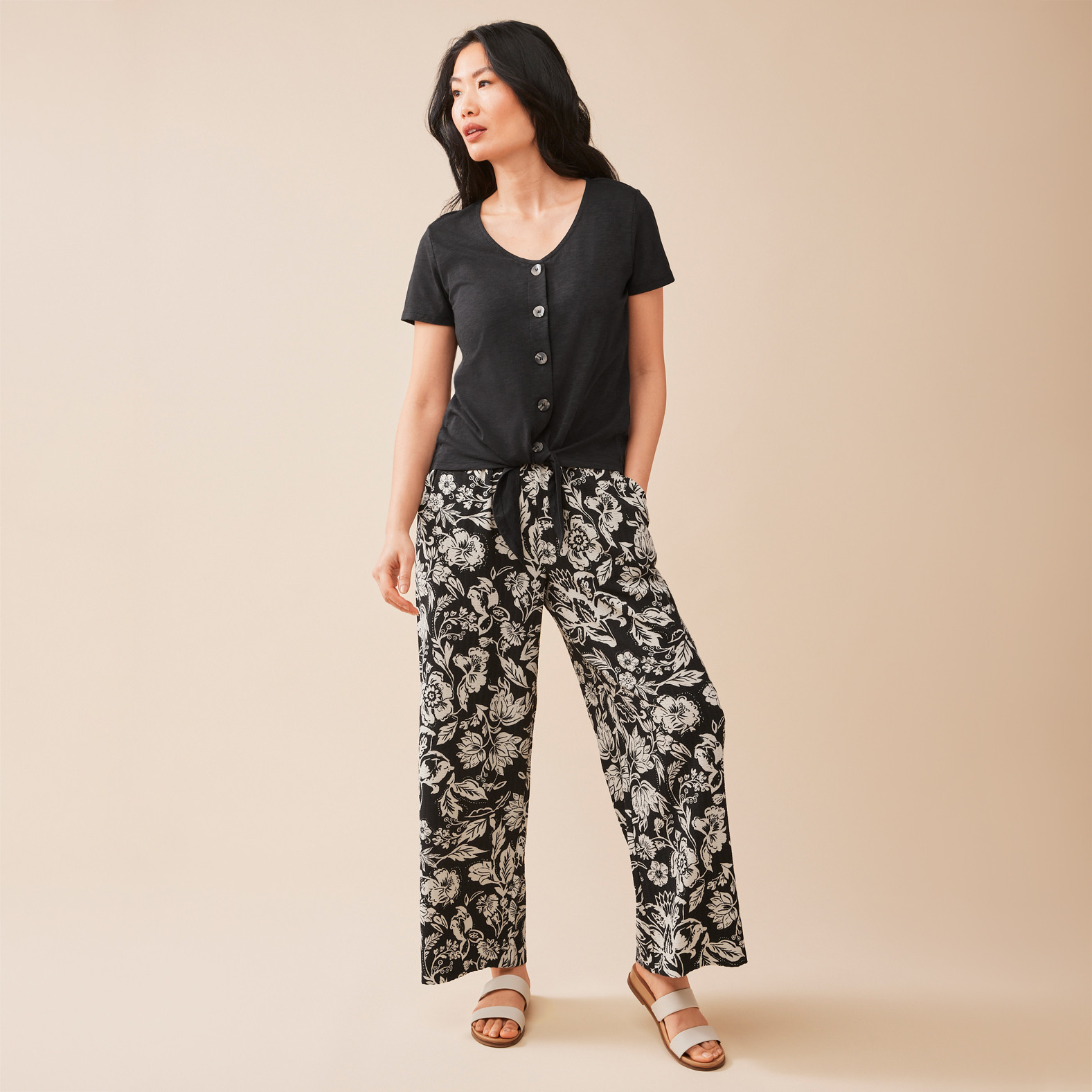 V-Neck Button Front Top Full Body Front View
