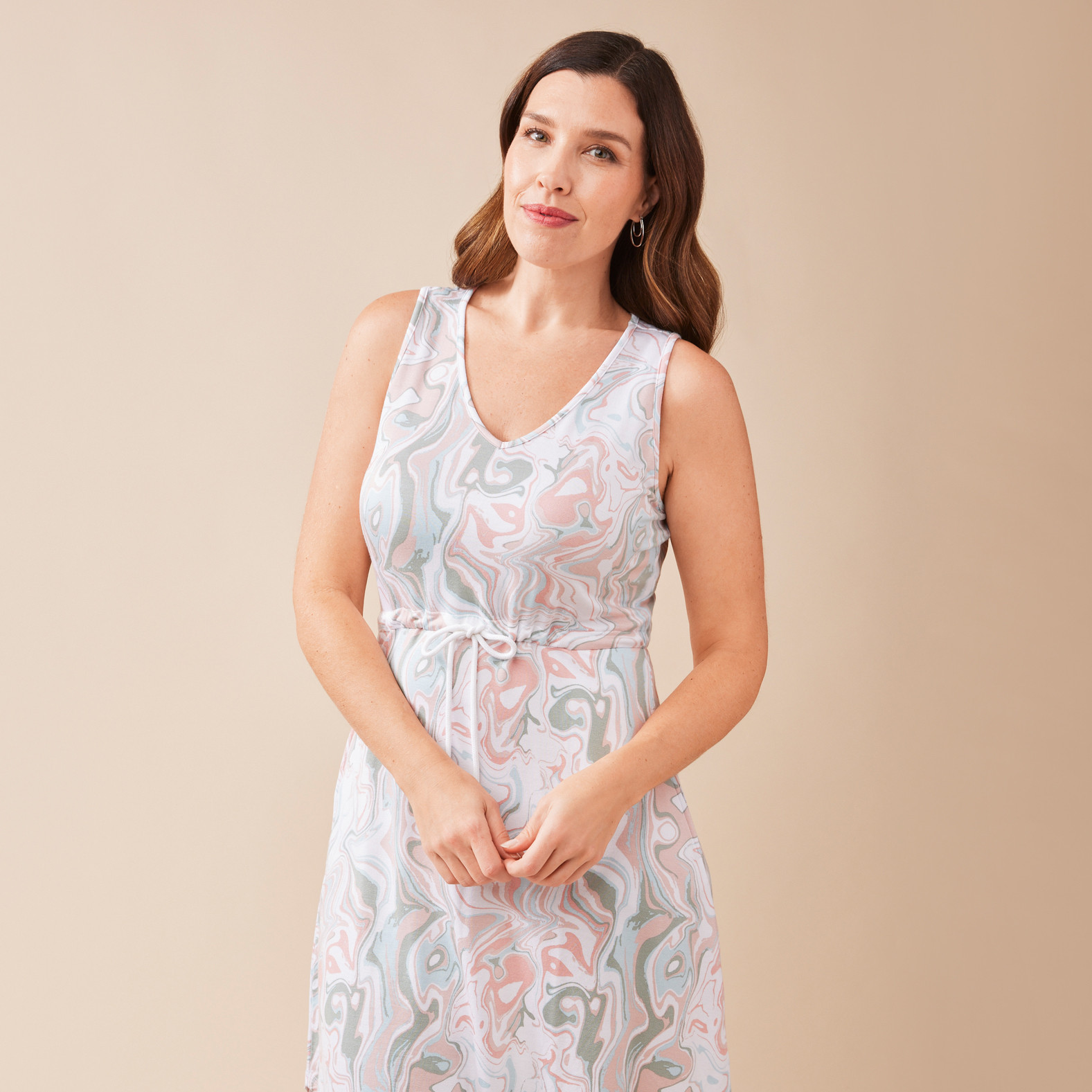 V-Neck Dress With Drawstring Half Body Front View