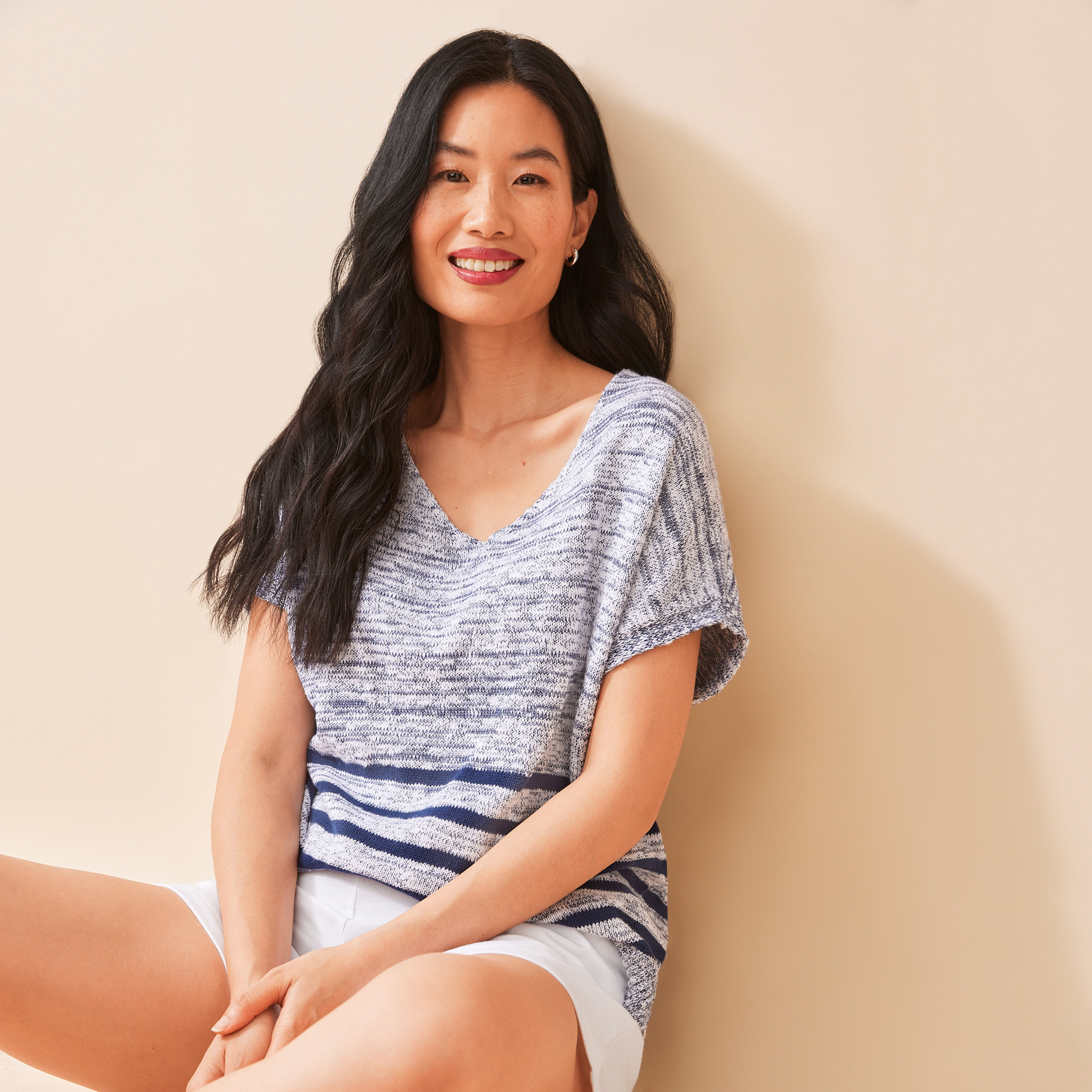 V-Neck Striped Top with white shorts