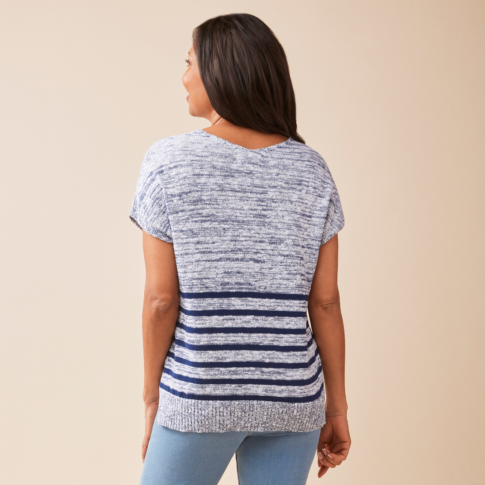 V-Neck Striped Top Full Body Back View