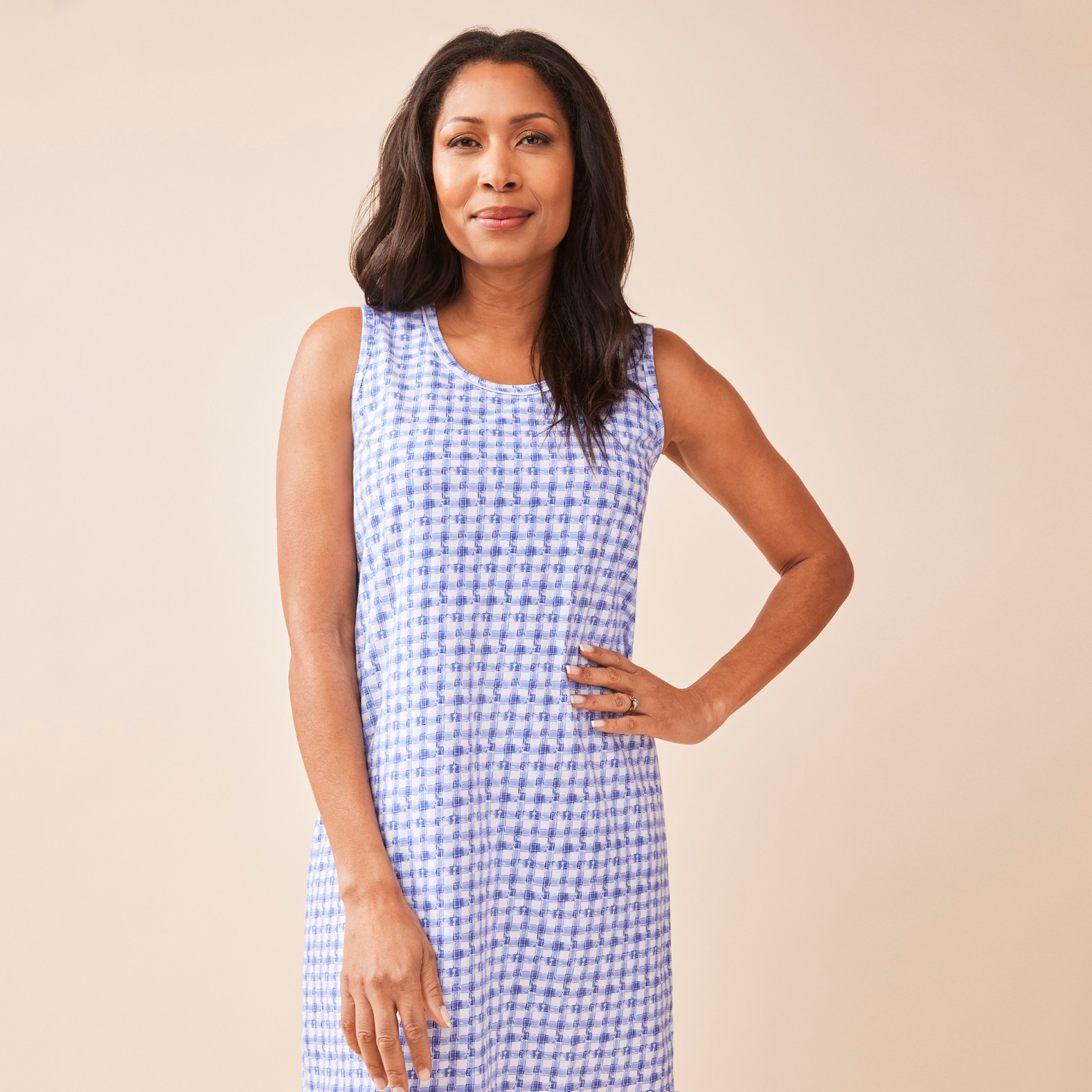 Watercolour Gingham Sleeveless Nightshirt Half Body Front View