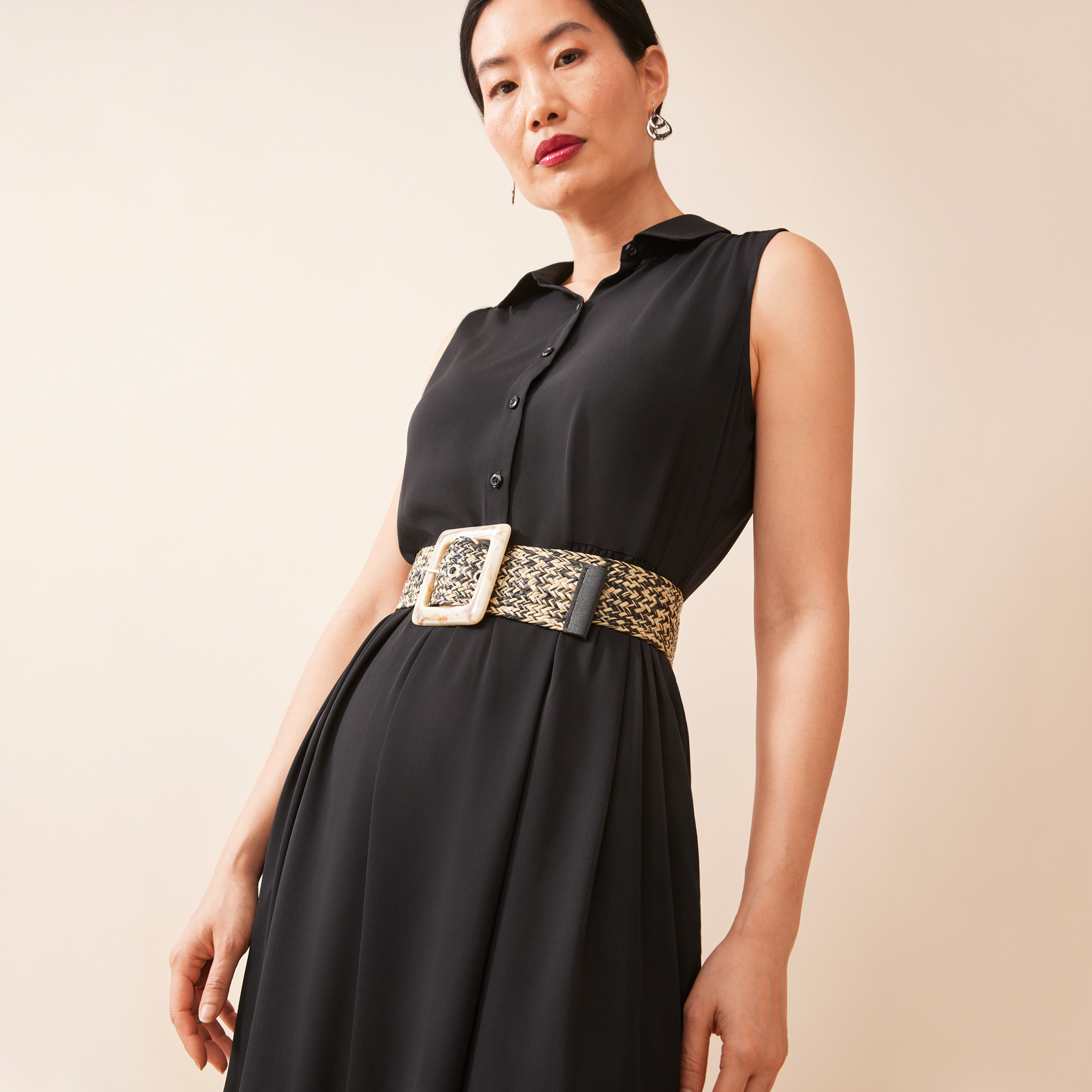 Woven Belt with Faux Leather Trim Black Half Body