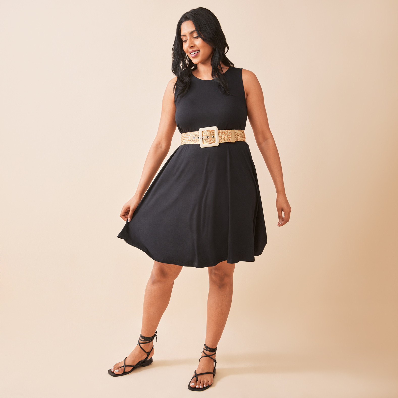 Woven Belt with Faux Leather Trim Oatmeal Full Body