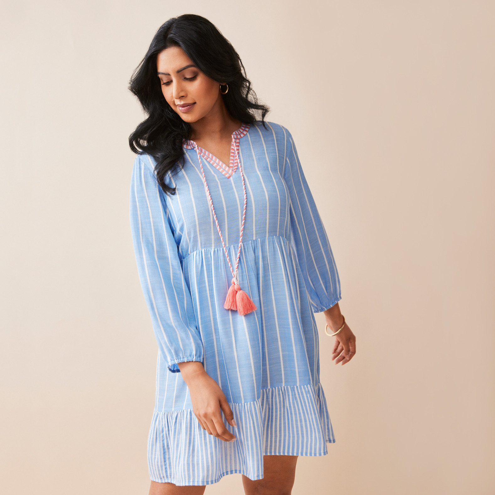 Striped Dress with Contrast Embroidery Half Body