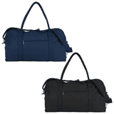Recycled canvas duffel bags in navy blue and black, featuring dual handles and an adjustable shoulder strap.