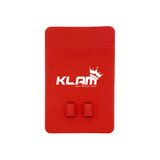 A red silicone phone wallet with a logo, featuring two attachment loops for securing to a phone. A red silicone phone wallet with a logo, featuring two attachment loops for securing to a phone.