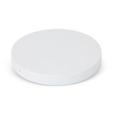 A round, white wireless charger with a smooth finish and a minimalistic design, featuring a logo. A round, white wireless charger with a smooth finish and a minimalistic design, featuring a logo.