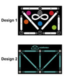 Football training mat featuring two designs with vibrant colours on a black background, including arrows and shapes.