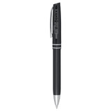 A black ballpoint pen with a metallic finish and a clip, featuring a branding logo.
