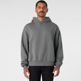 A grey hoodie with a front kangaroo pocket and a hood, featuring a relaxed fit and ribbed cuffs.