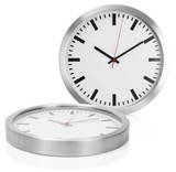 A wall clock in 40cm size featuring a sleek aluminium frame, white face, black hour markers, and red second hand.