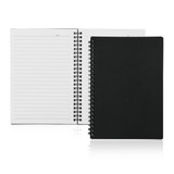 A spiral-bound A5 notebook with a sleek black cover, featuring lined pages inside.