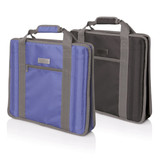 A blue and black carry bag for stadium seats with grey accents and multiple handles. It includes a front zip pocket.