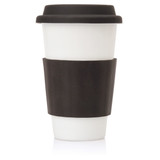 A ceramic coffee travel mug in white with a black lid and silicone sleeve. Features a logo.