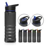 A drink bottle in transparent grey Tritan, featuring a black lid and various coloured straws. Includes a logo.