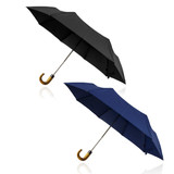 A black and a navy umbrella, both featuring automatic opening and wooden hooks, displayed on a white background. A black and a navy umbrella, both featuring automatic opening and wooden hooks, displayed on a white background.