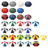 A range of 75cm Shelta Bogey umbrellas in various colours, featuring a central shaft and a mix of fabric patterns.