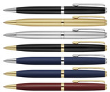 A collection of ballpoint pens in black, silver, gold, dark blue, and burgundy, featuring sleek designs and clip attachments.