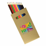 A pack of natural wood full-size colouring pencils in various colours, presented in a kraft paper holder with a logo.