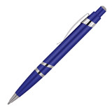 A blue ballpoint pen with silver accents, featuring a sleek design and a clip for easy attachment.