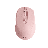 A pink wireless mouse with a logo on the base, featuring a smooth design and three buttons.
